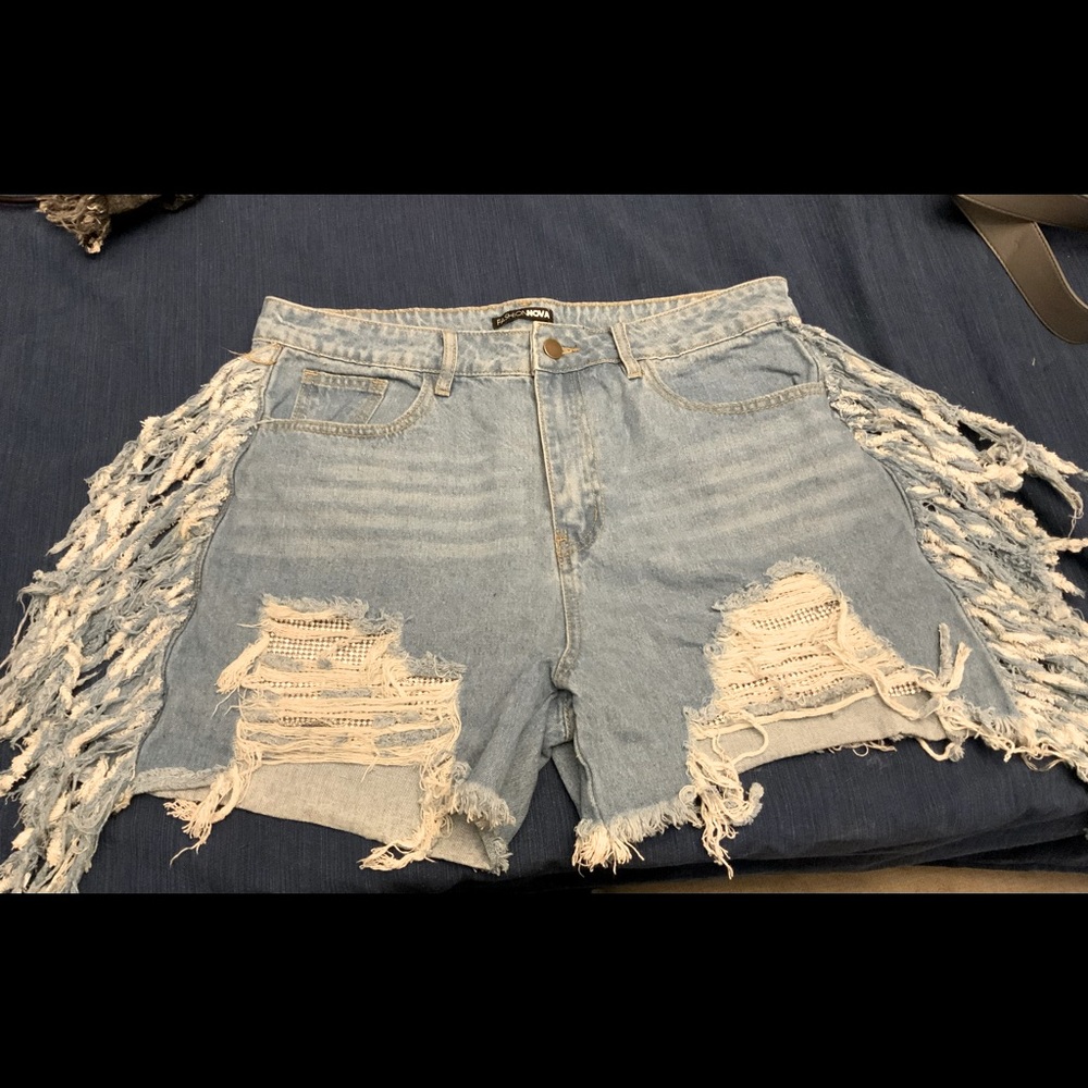 Fashion Nova distressed rhinestone denim blue shorts with fringe